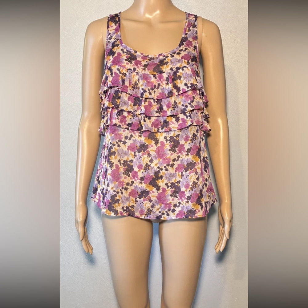 Express Women's Blouse Size XS Floral Chiffon Sheer Ruffle Sleeveless Pullover